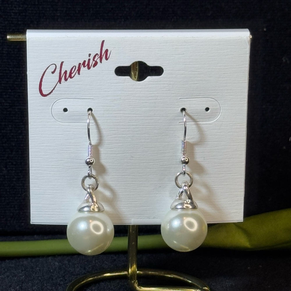 Cherish Silver Tone Faux Pearl Dangle Earrings 1.5 inch approx